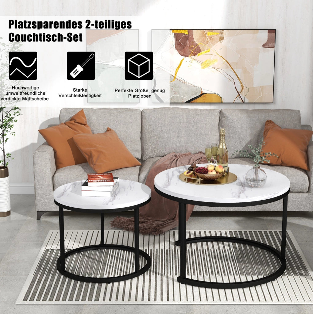 Set di 2 tavolini da caffè rotondi impilabili; effetto marmo bianco; piano in MDF