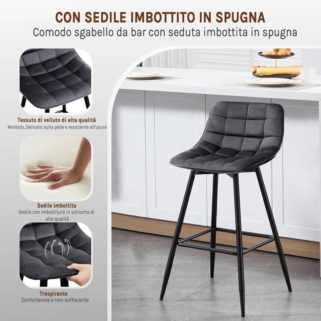 Sgabelli da Bar Stile Industriale Alta Sedia da Cucina Rivestimento in Velluto Grigio Scuro Gambe in Metallo 2 Pezzi
