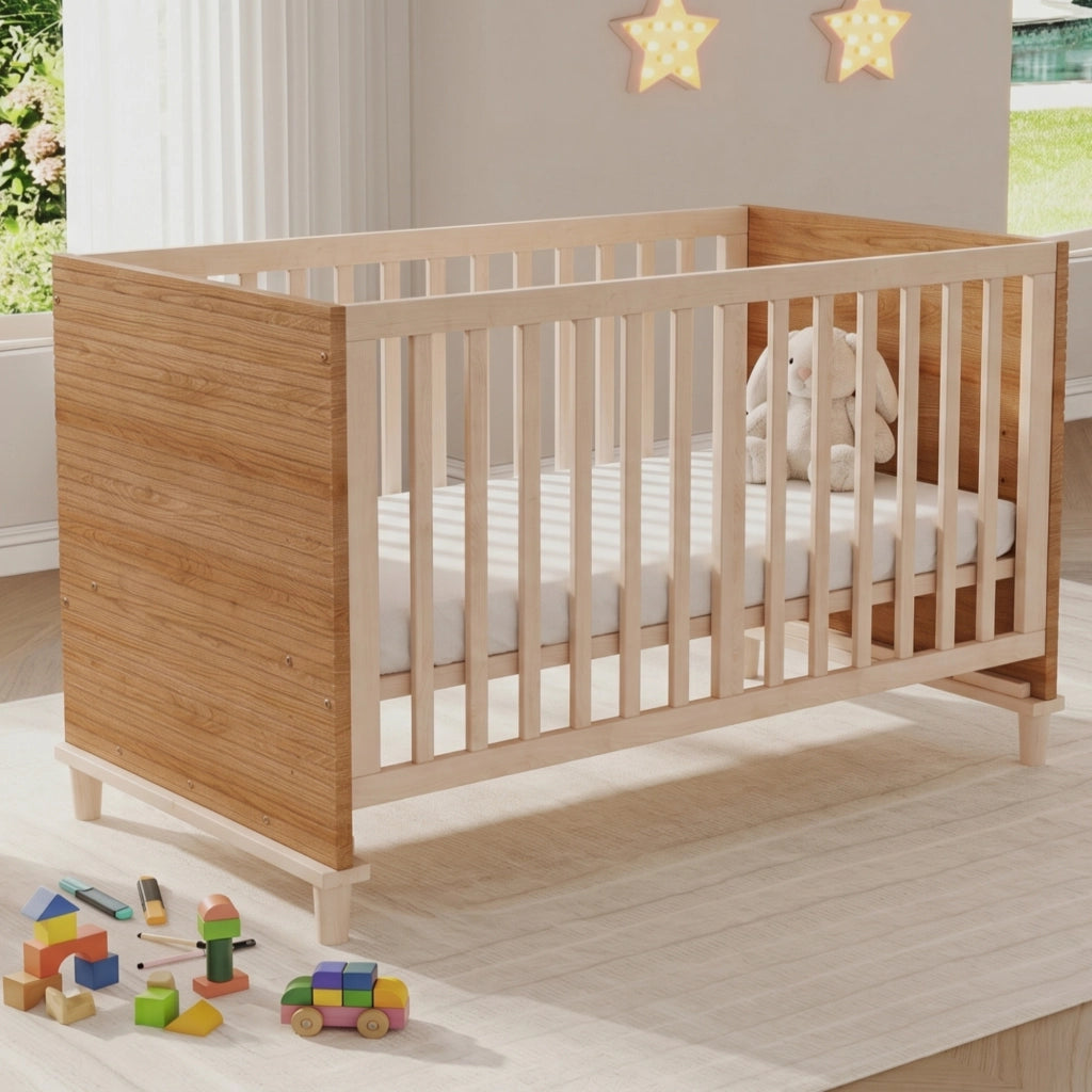 Lettino per bambini con rete a 5 altezze regolabili, struttura in legno massello e MDF, colore naturale, 144 x 74 x 87 cm
