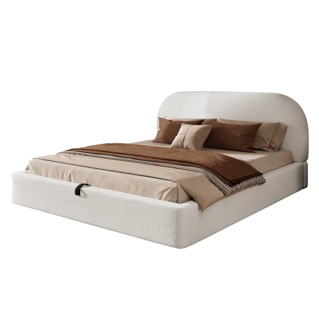 Letto matrimoniale contenitore 180x200 cm in bouclé beige con rete inclusa