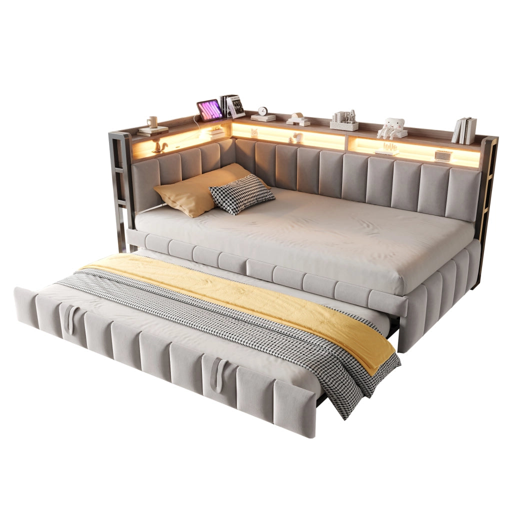 Divano-letto estraibile 90x200 cm in velluto con LED, vani portaoggetti, prese USB e Type-C - Grigio chiaro