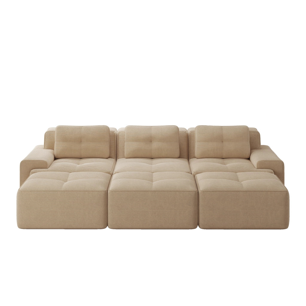 Divano Angolare Modulare 3 Posti con Letto ¨C MINIMAL ¨C Tessuto a Coste Beige con Pouf