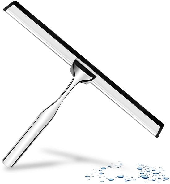Squeegee con lamina di vetro e manico in silicone, RVS, per la pulizia di finestre, cucina, bagno e autogomma, 24 cm, argento.