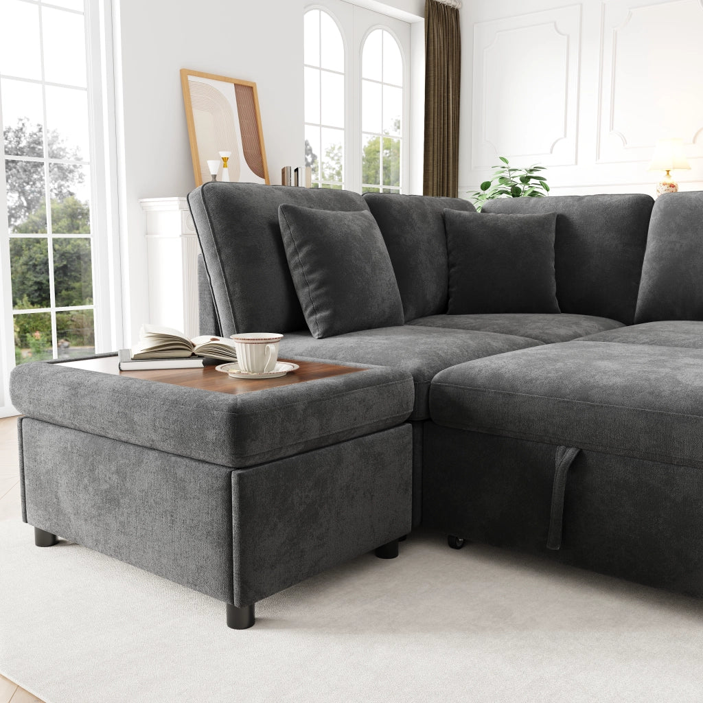 SOFA ANGOLARE MODULARE 247,5x172x87 cm in chenille grigio, con 2 pouf e 3 cuscini