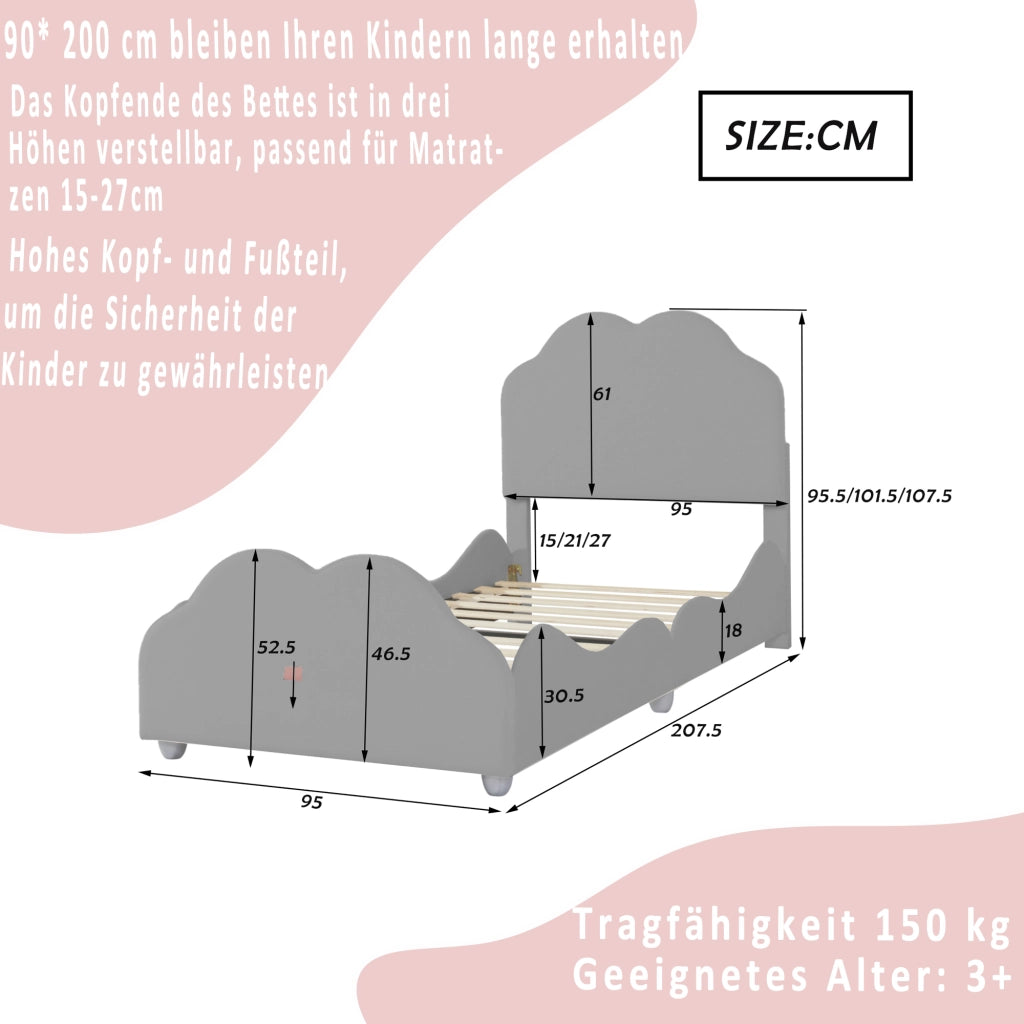 DESMIU Letto per bambini 1 posto con barriera, testiera e pediera a nuvola, 90 × 200 cm, senza materasso, grigio