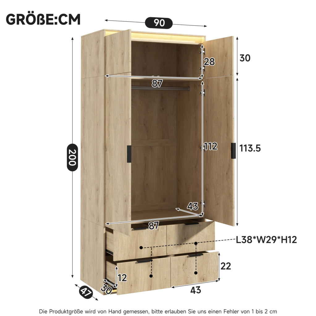 ARMADIO Guardaroba con LED, Specchio e Panchina 180x47x200 cm MDF Rovere Antracite