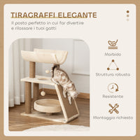 Albero Tiragraffi 60x30x76 cm con Cucce e Pannello in Sisal Marrone Chiaro