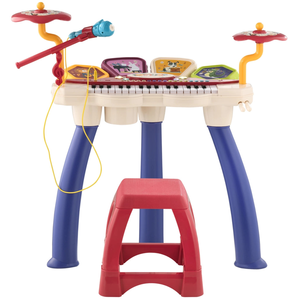 Pianola per Bambini 3-6 Anni con Sgabello, Microfono, Tamburo e Bacchette, in PP e ABS, 74x32.2x71 cm