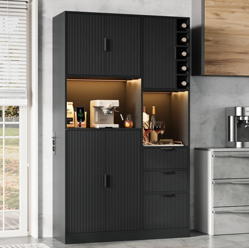 Mobile da cucina 105x40x180 cm con 3 cassetti; LED multicolore e prese USB-C; nero