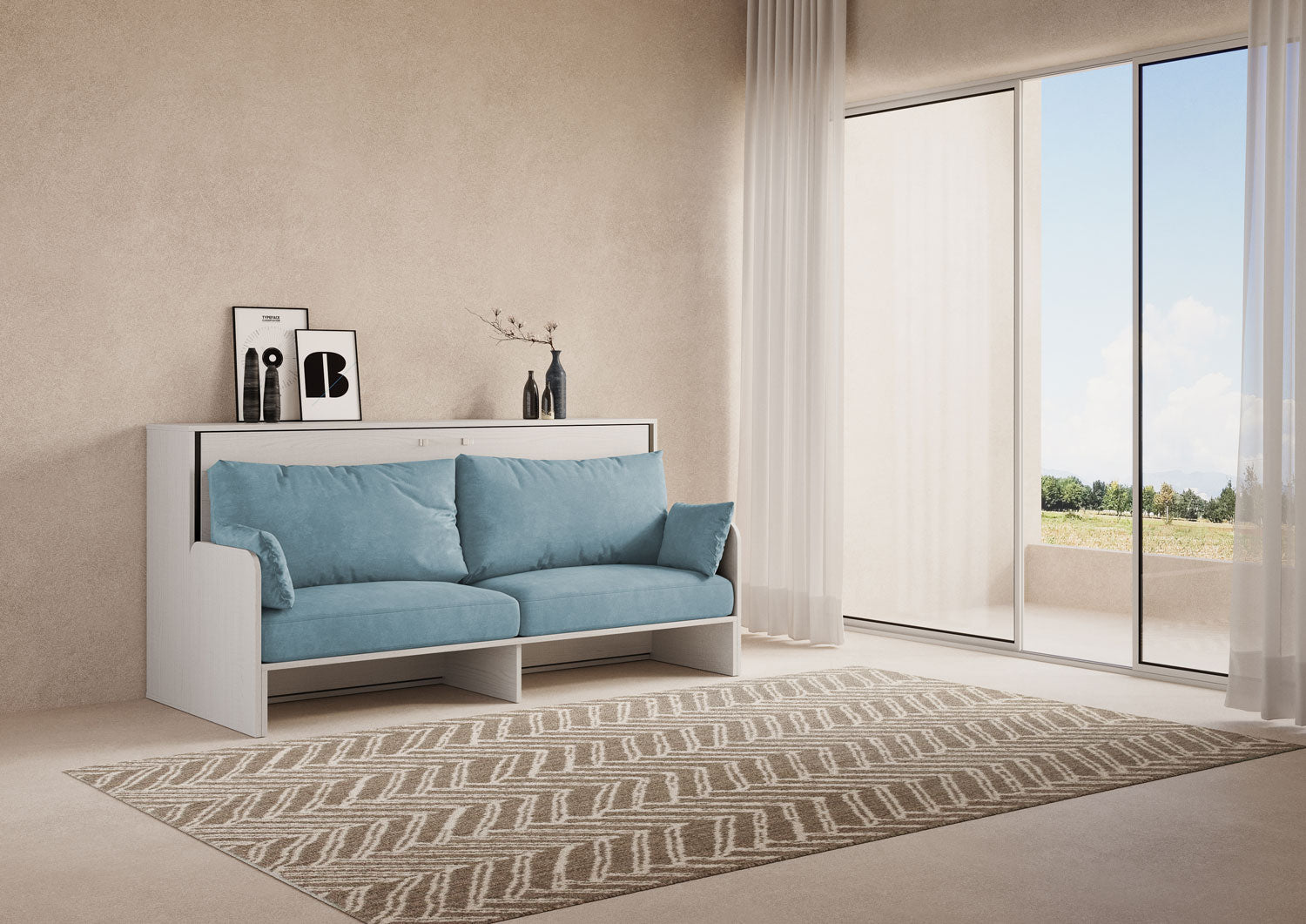 Letto Singolo A Scomparsa Kando Con Divano Con Materasso Bianco Frassino e Azzurro