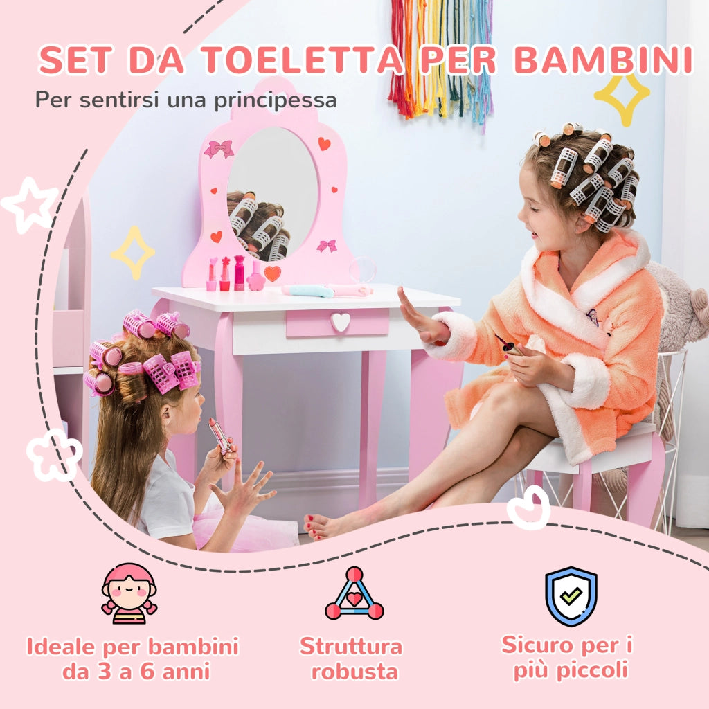Set Tavolo Trucco con Sgabello, Specchio e Cassetto per Bambini ¨C Zephmum ¨C Bianco e Rosa, MDF