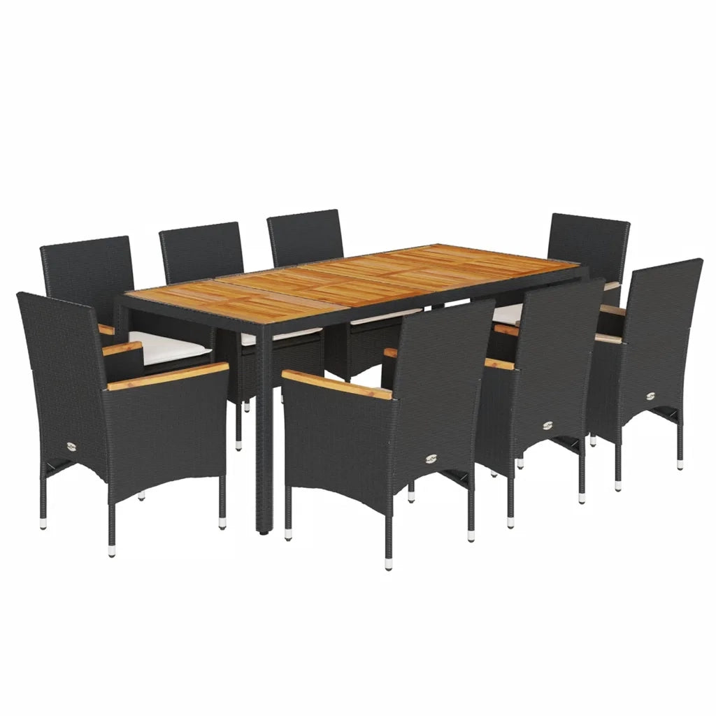 Set Pranzo da Giardino 9 pz con Cuscini Nero Polyrattan Acacia 3278632