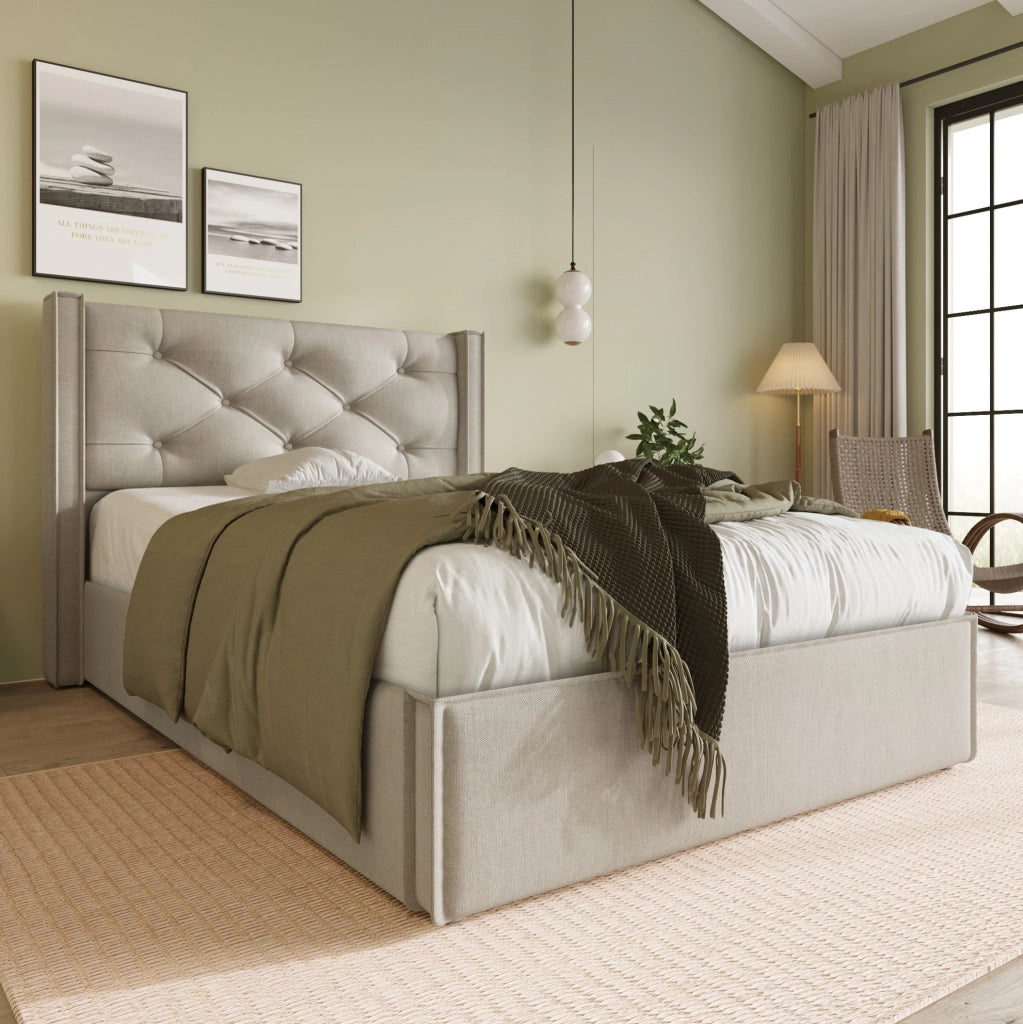 Letto imbottito 90x200 cm con contenitore e rete sollevabile; grigio chiaro
