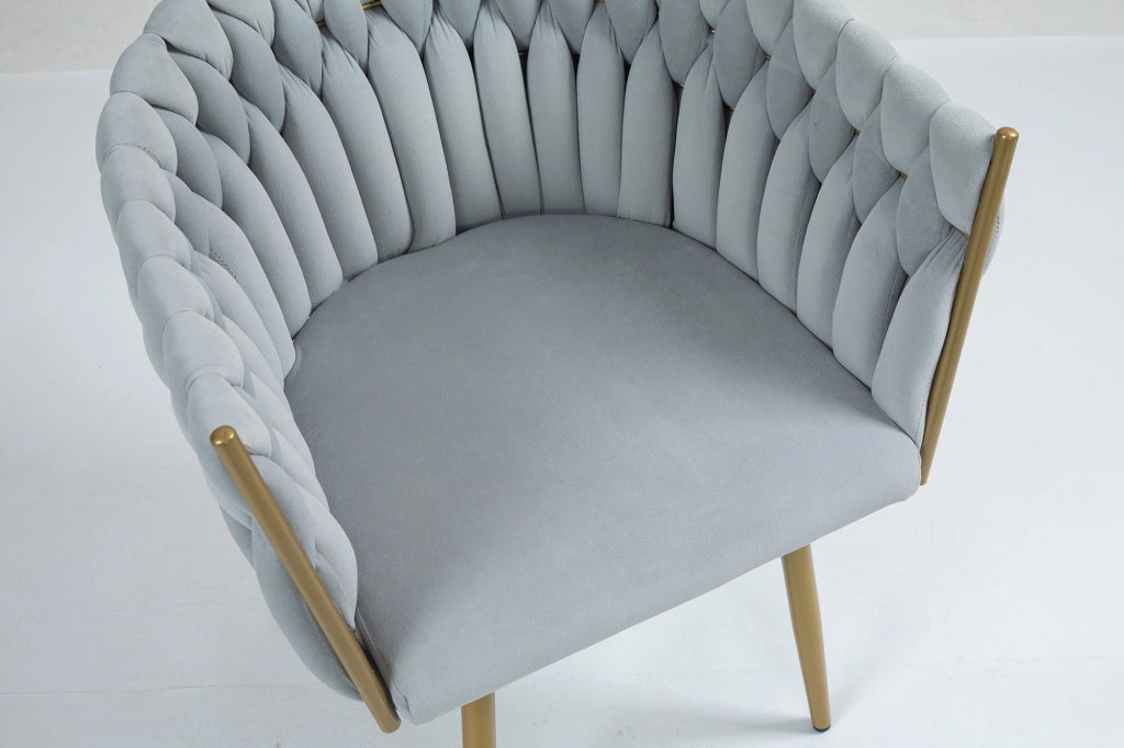 Poltrona Con Schienale In Velluto Intrecciato Design Moderno, Sedia Imbottita Circolare con Gambe in Metallo Placcato Oro Poltroncina  - Grigio