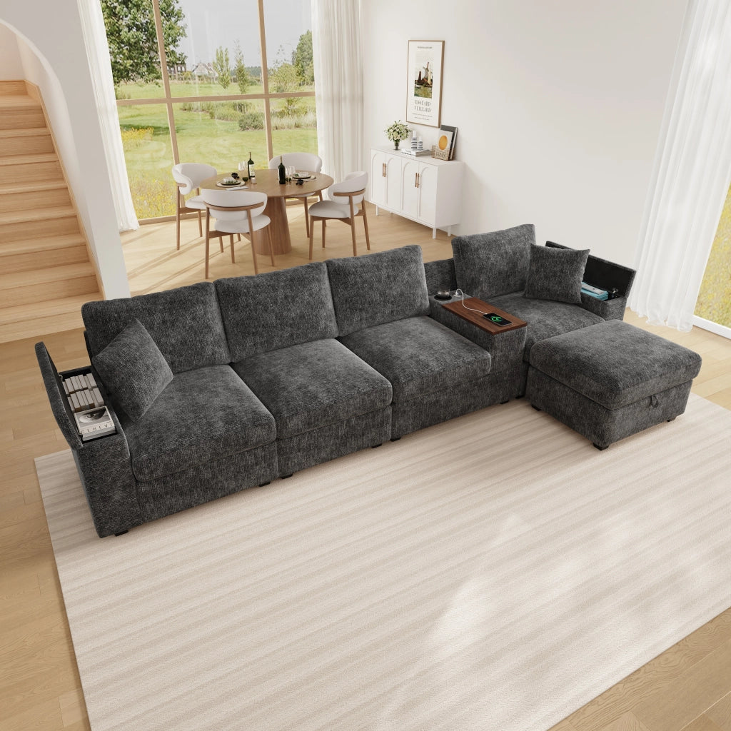 DIVANO angolare modulare 313x147x82 cm Chenille grigio
