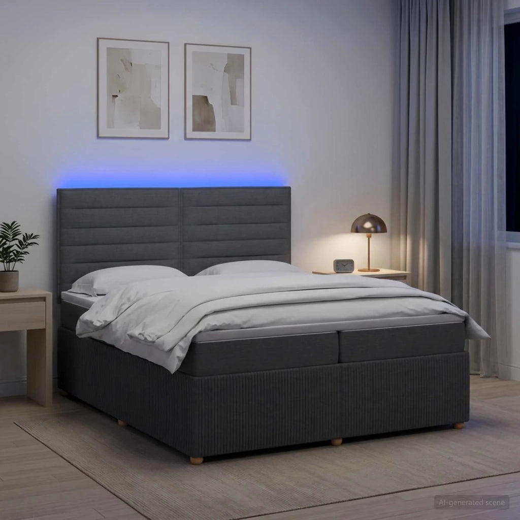 Letto Box Spring LED con Materasso Grigio Scuro 200 x 200 cm 3455931