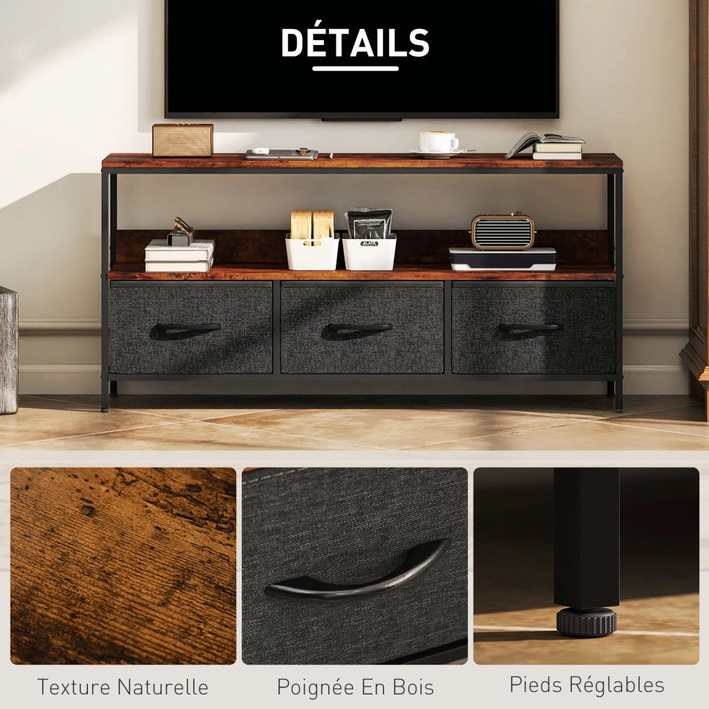 Mobile TV con 3 cassetti ¨C Xylo ¨C Legno marrone rustico e acciaio nero 120x29x56 cm