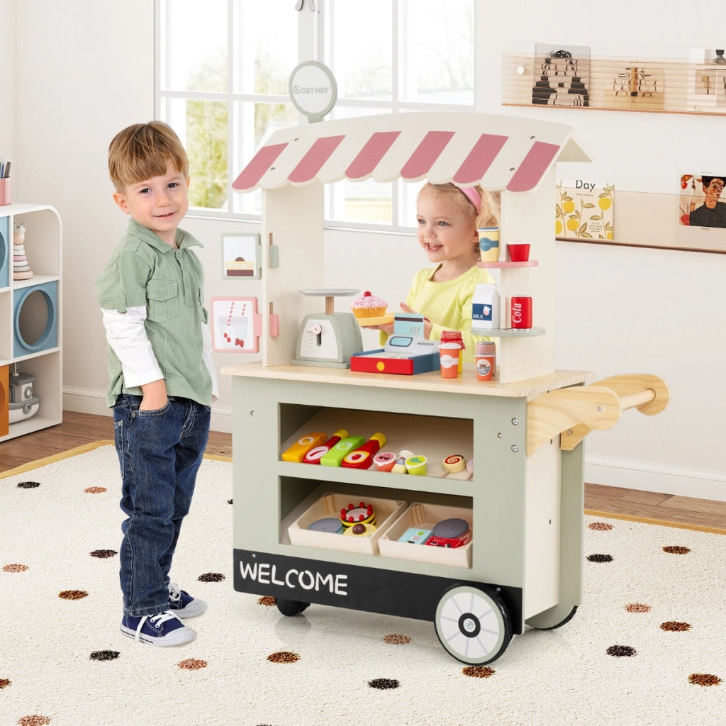 Carrello alimenti per bambini con pos bilancia mensole e ripiani, Supermercato giocattolo con 3 ruote Verde chiaro-Case e cucine giocattoli