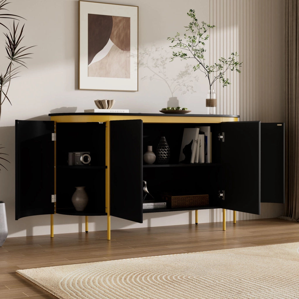 Credenza da 4 ante, mobile da ingresso, in MDF, con gambe in metallo, angoli arrotondati, colore nero