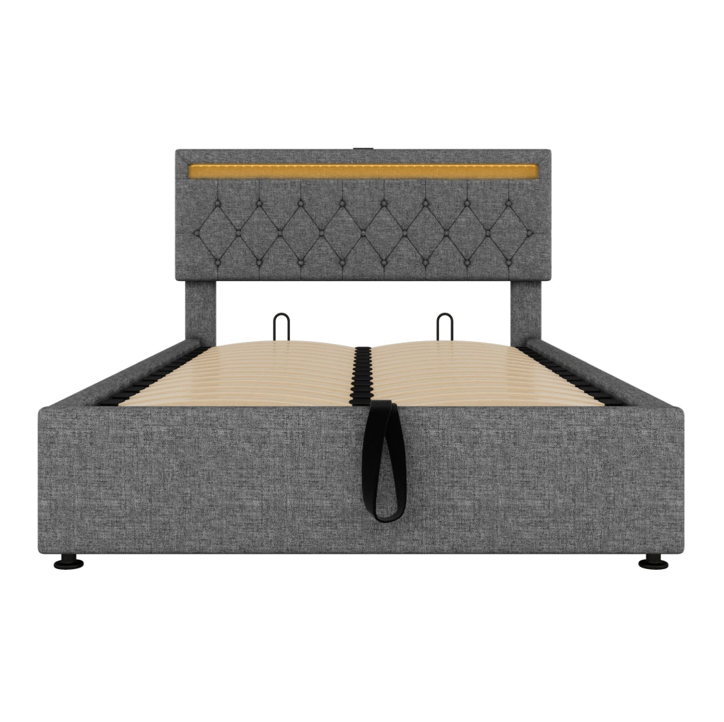 Letto imbottito 140x200 cm con contenitore; LED APP; USB e Type-C; lino e MDF; grigio