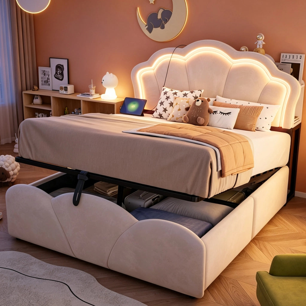 Letto imbottito 140 x 200 cm beige con contenitore, LED e prese