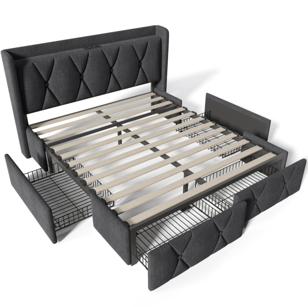 Letto matrimoniale 140x200 cm con 4 cassetti; USB e prese; tessuto grigio