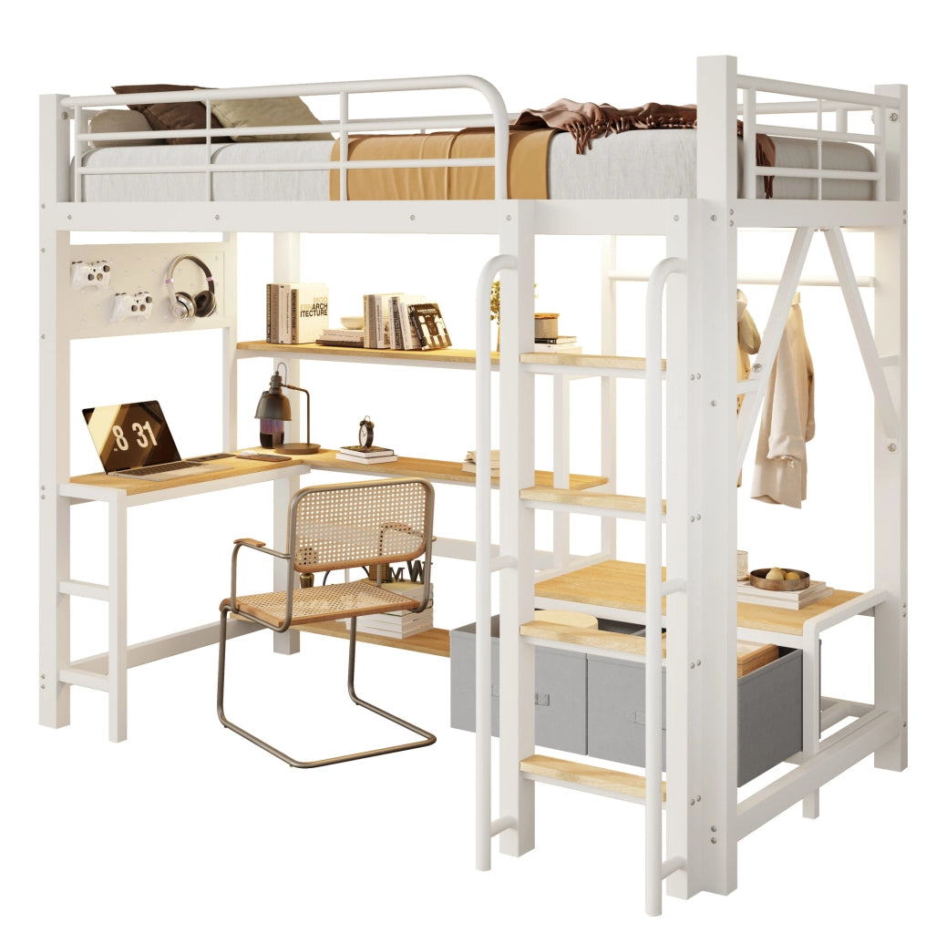Letto a soppalco 90x200 cm bianco con scrivania, LED e USB