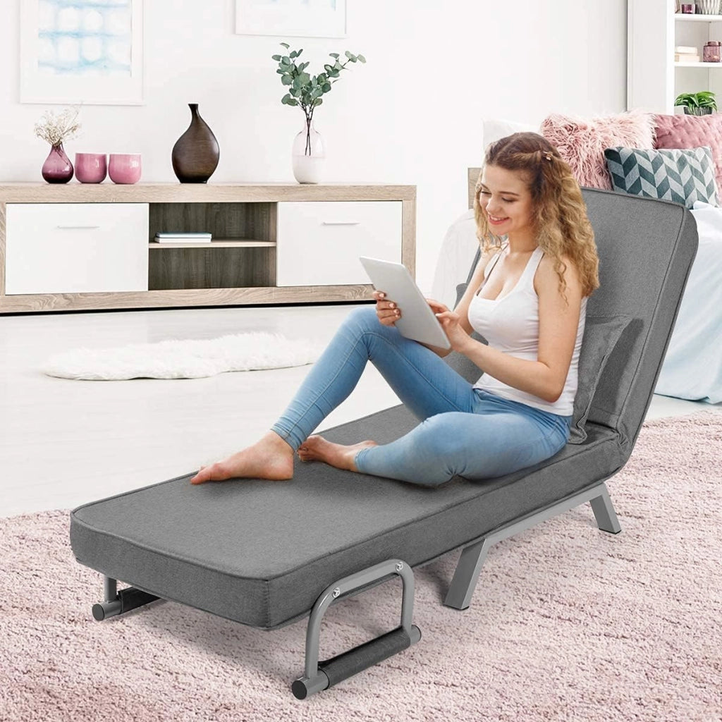 2 in 1 Poltrona Letto Pieghevole, Schienale Regolabile a 5 Livelli, con Braccioli e Cuscinetto, Chaise Longue Soggiorno, Telaio in Metallo, Carico di 150 kg, 59x78,5x83 cm, 5 Colori