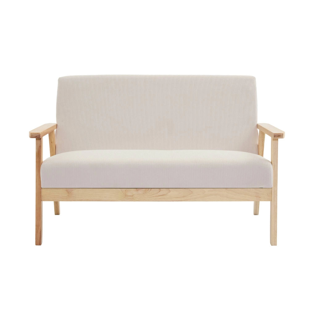 Divano in velluto a coste con gambe in legno, 2 posti, crema