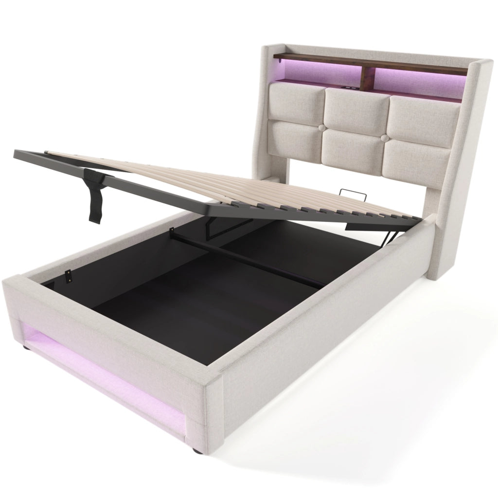 Letto matrimoniale imbottito 90x200 cm con LED e USB; in tessuto lino beige chiaro