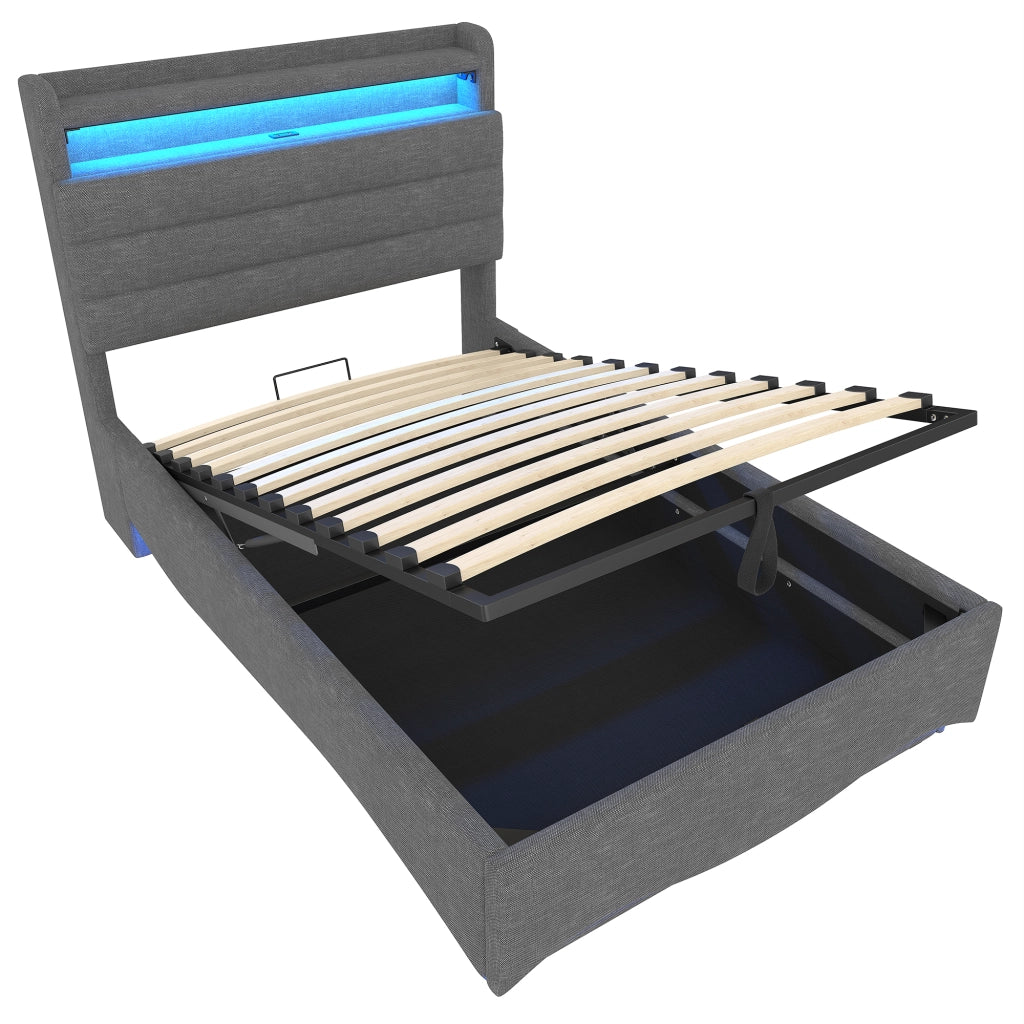 OKWISH Letto Contenitore 90×200 cm, Letto Singolo con LED Regolabile, USB, Tipo C e Mensole, senza Materasso, in Lino, Grigio