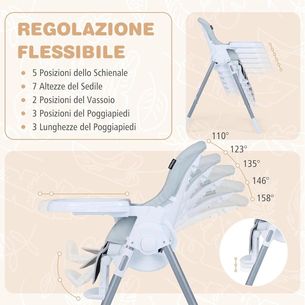 Seggiolone Pappa Portatile, con Altezza Regolabile, Schienale Reclinabile e Vassoio Rimovibile, Seggiolone Evolutivo Pieghevole con Cintura e 2 Ruote, per Bambini 6-36 Mesi (Grigio Chiaro)