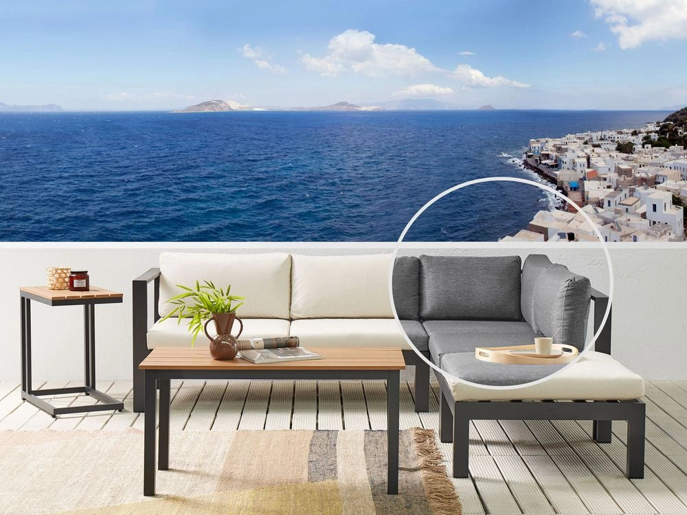Set da giardino 5 posti in alluminio nero e grigio con divano e cuscini beige e tavolo a doghe set moderno scandinavo esterno