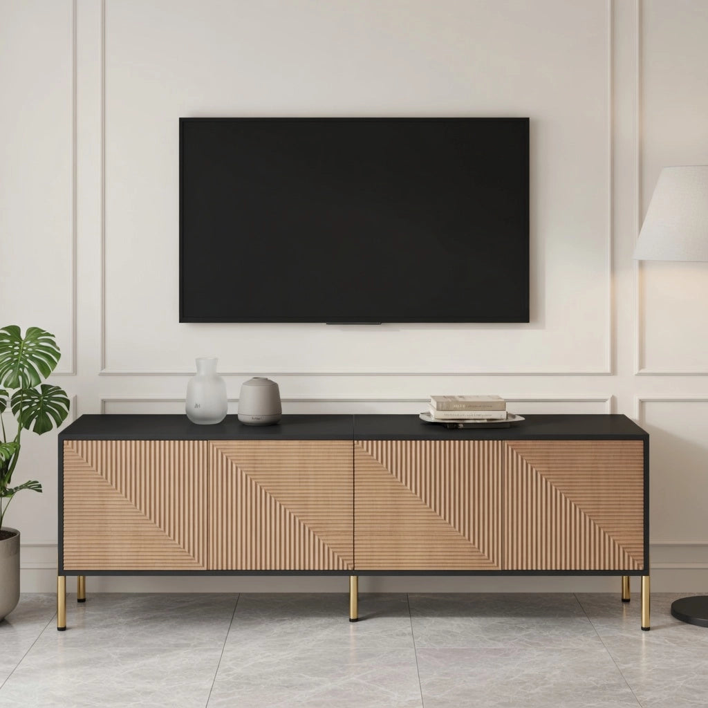 Cassettiera per TV nera e naturale in truciolare; lunghezza 179 cm