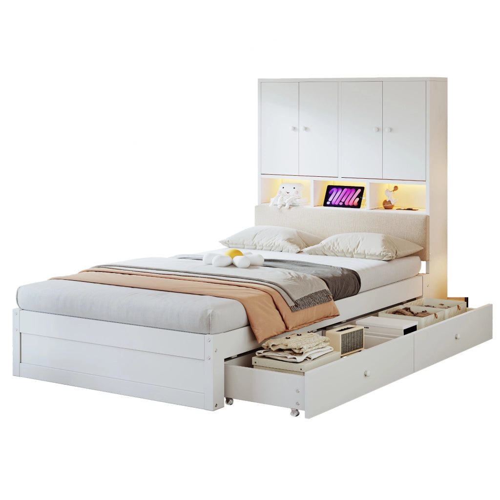 Letto singolo per bambini 90x200 cm con testiera imbottita; vani; LED; presa elettrica; cassetto e rete; legno bianco