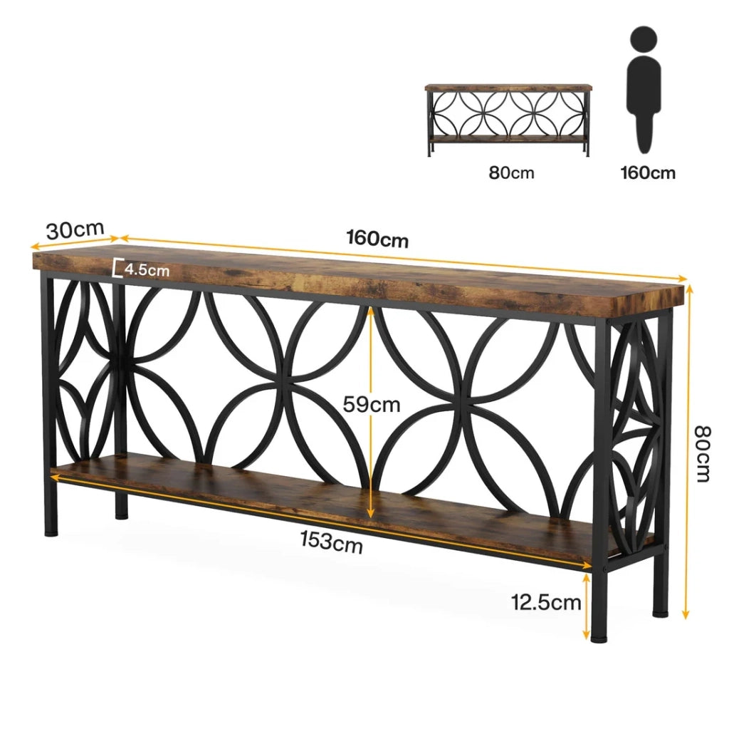 Console industriale 160x30x80 cm nero e marrone rustico, 2 ripiani, metallo e legno