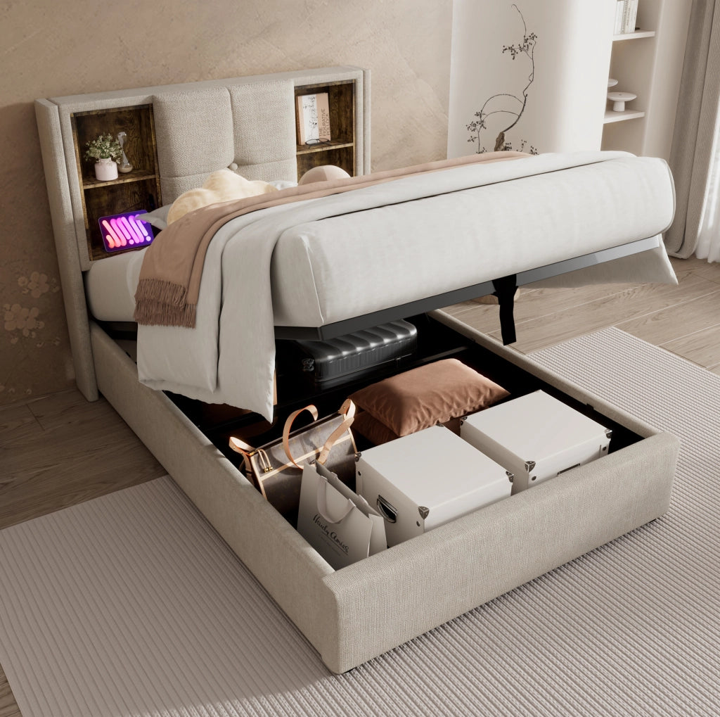 Letto singolo imbottito 90x200 cm in lino naturale con ricarica wireless; USB e contenitore