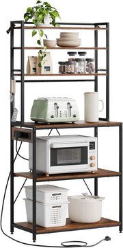 Scaffale da Cucina a 6 Livelli con Prese di Corrente, Scaffale per Microonde con Struttura in Metallo e Piano di Lavoro Aperto, Nero+Marrone Rustico, 80x39,5x167cm