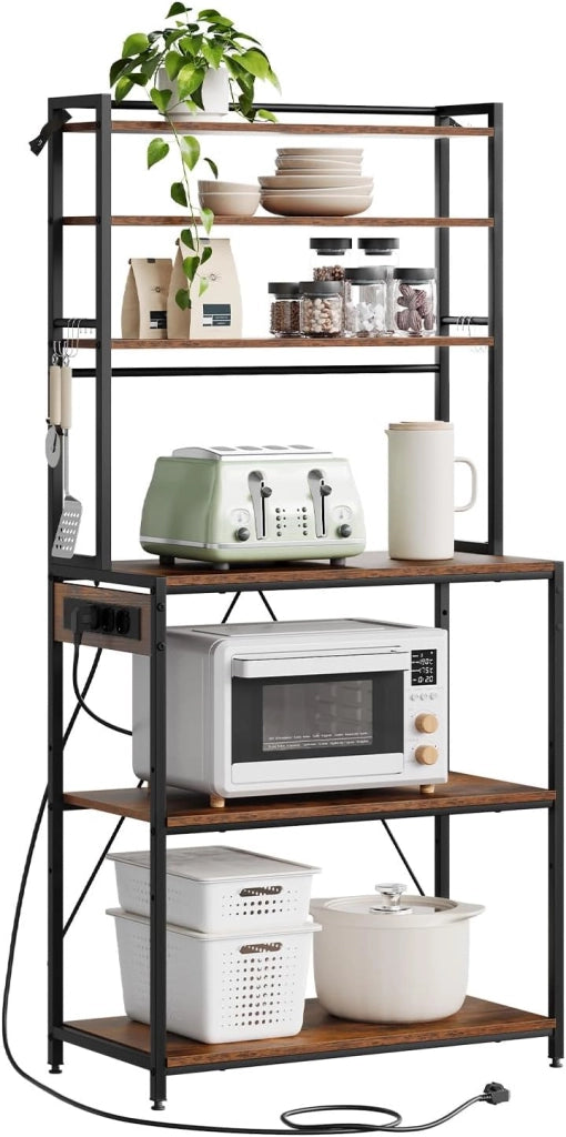 Scaffale da Cucina a 6 Livelli con Prese di Corrente, Scaffale per Microonde con Struttura in Metallo e Piano di Lavoro Aperto, Nero+Marrone Rustico, 80x39,5x167cm