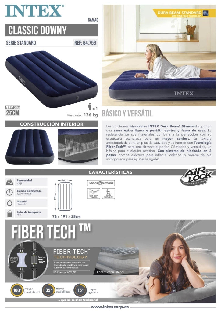 Materasso Singolo Gonfiabile Airbed Classic 76x191x25 cm con Tecnologia Fiber-Tech e Valvola 2-in-1 per Casa e Campeggio Intex