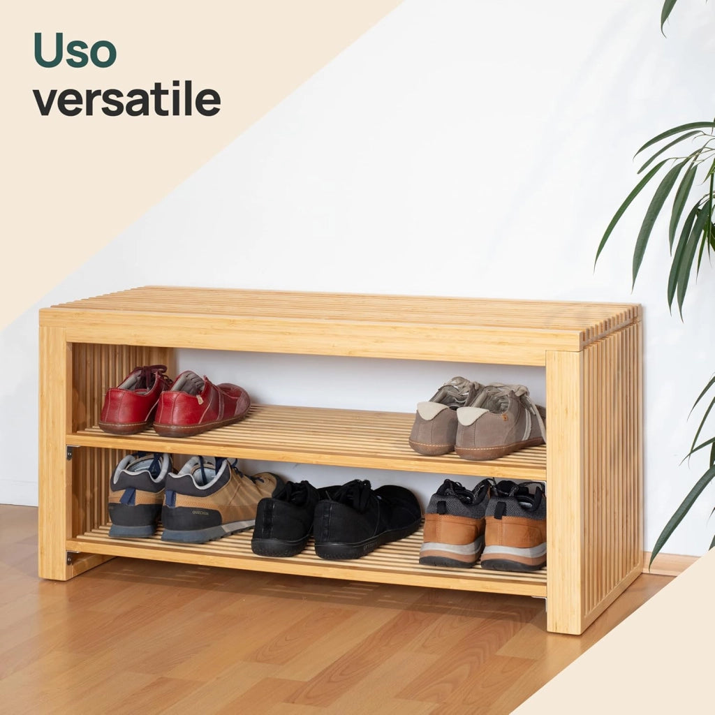 Scarpiera con seduta in bambù – Stretta con 2 ripiani per 6 paia di scarpe – Salvaspazio per corridoio, guardaroba e ingresso – Robusto rack