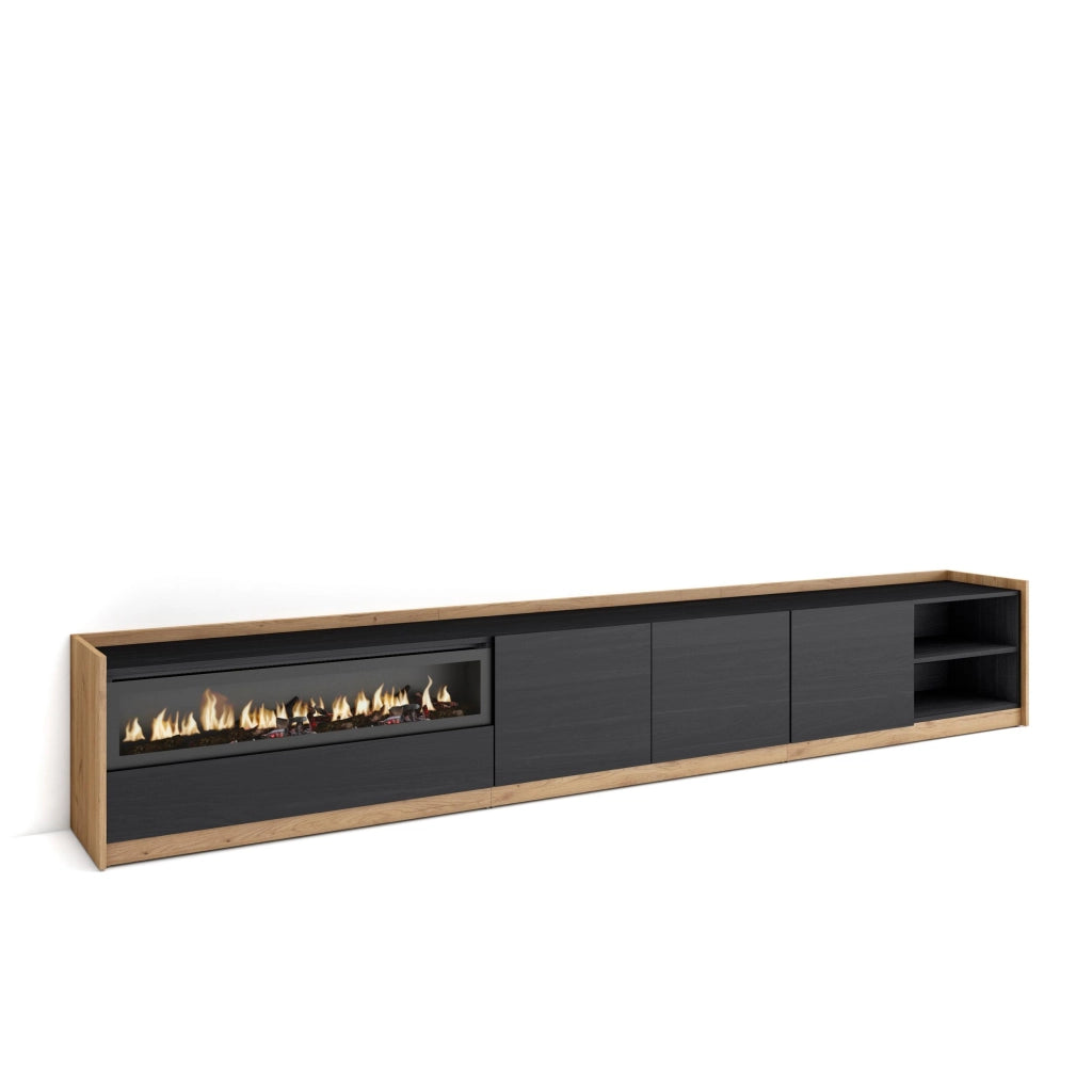 Mobile TV Soggiorno, 310x50x37 cm, Per TV fino a 80", Camino elettrico, Nero e rovere