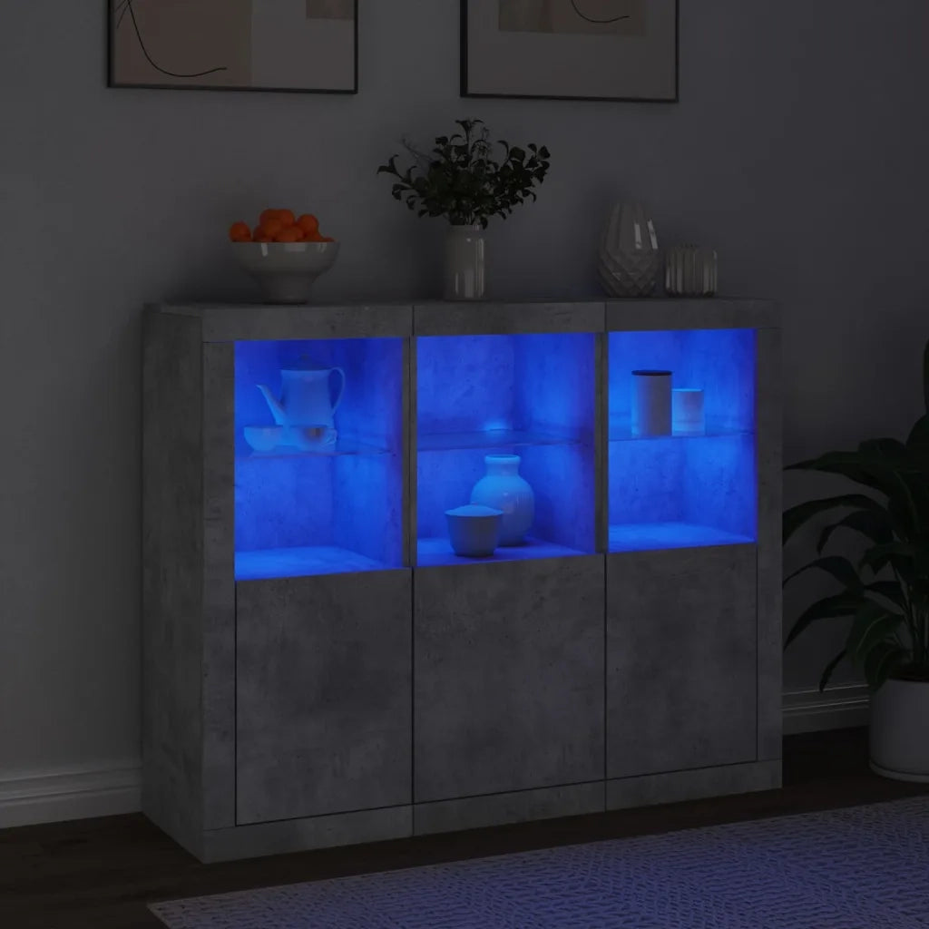Credenze con Luci LED 3 pz Grigio Cemento in Legno Multistrato 3209103
