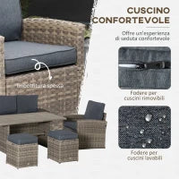 Set Salotto da Giardino in Rattan PE con Divano 3 Posti, 2 Poltrone, 2 Sgabelli e Tavolo, Grigio