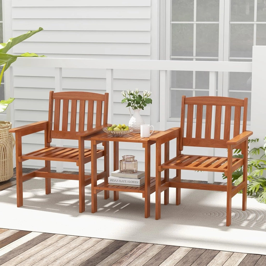 Set di mobili da 3 pezzi, in legno, set di 2 sedie e tavolo con foro per ombrelloni, set di conversazione con schienale e braccioli per patio, terreza, balcone