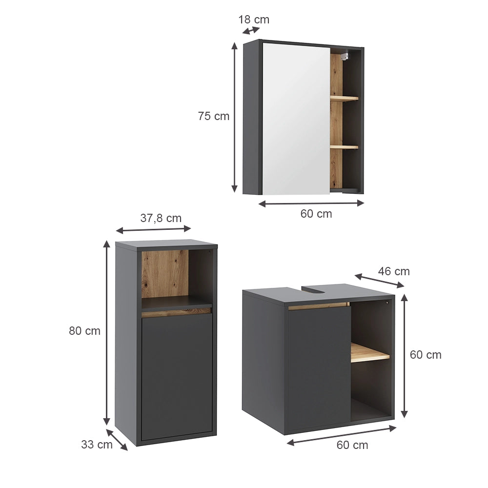 Vicco Set di mobili da bagno Grigio/Artisan 3 parti