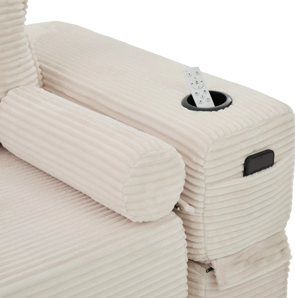Divano letto 3 posti beige, pieghevole con tasche e portabicchiere, tessuto a coste