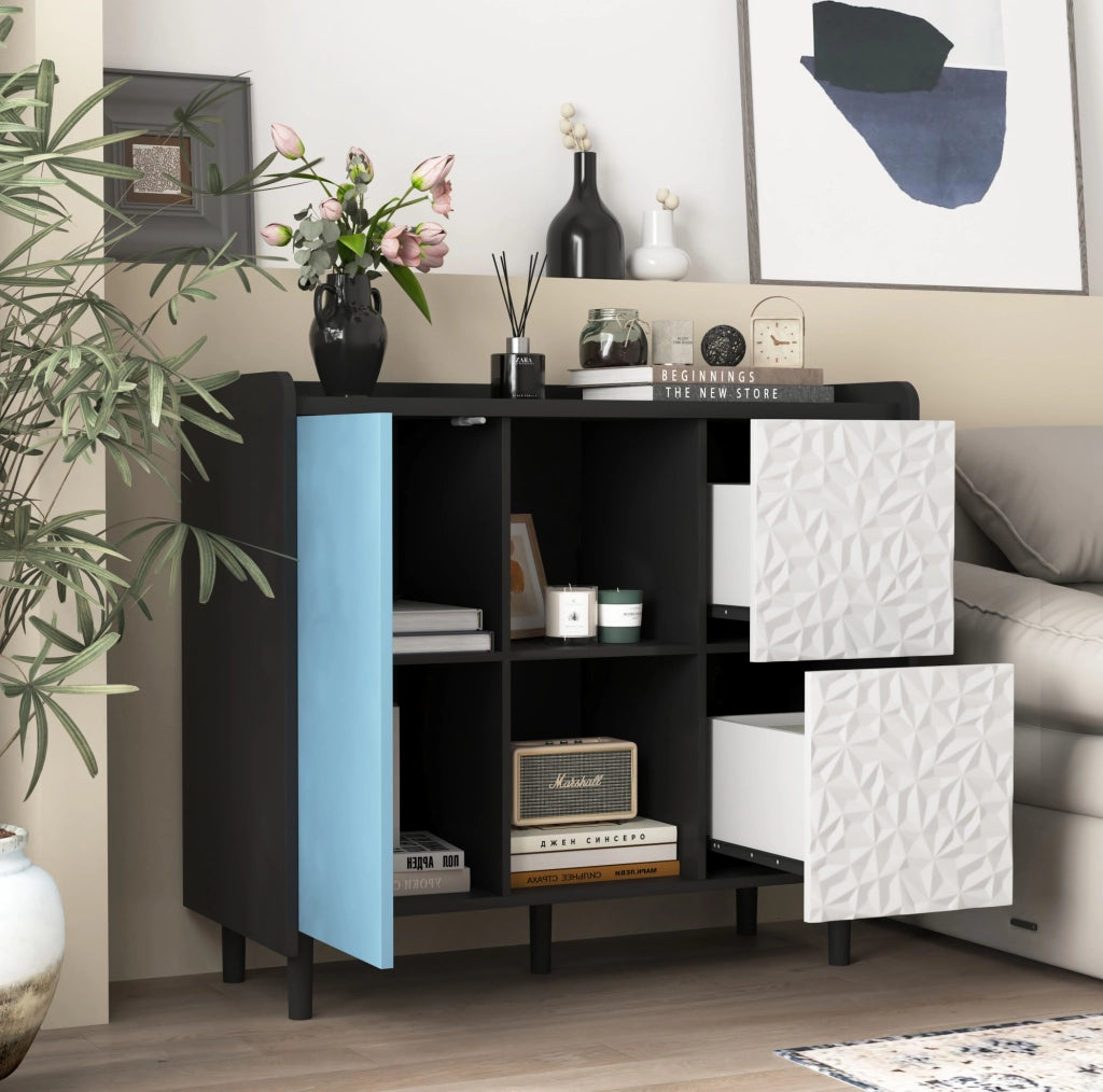 Credenza buffet con 2 cassetti e vani aperti; 90 cm; in MDF nero e blu