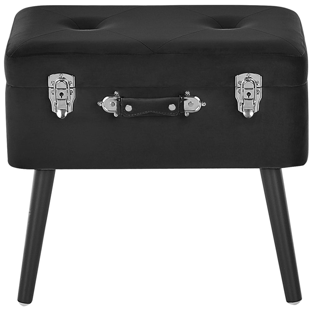 Comodino Sgabello Contenitore gambe nere imbottite in velluto Nero design a valigia con bottoni