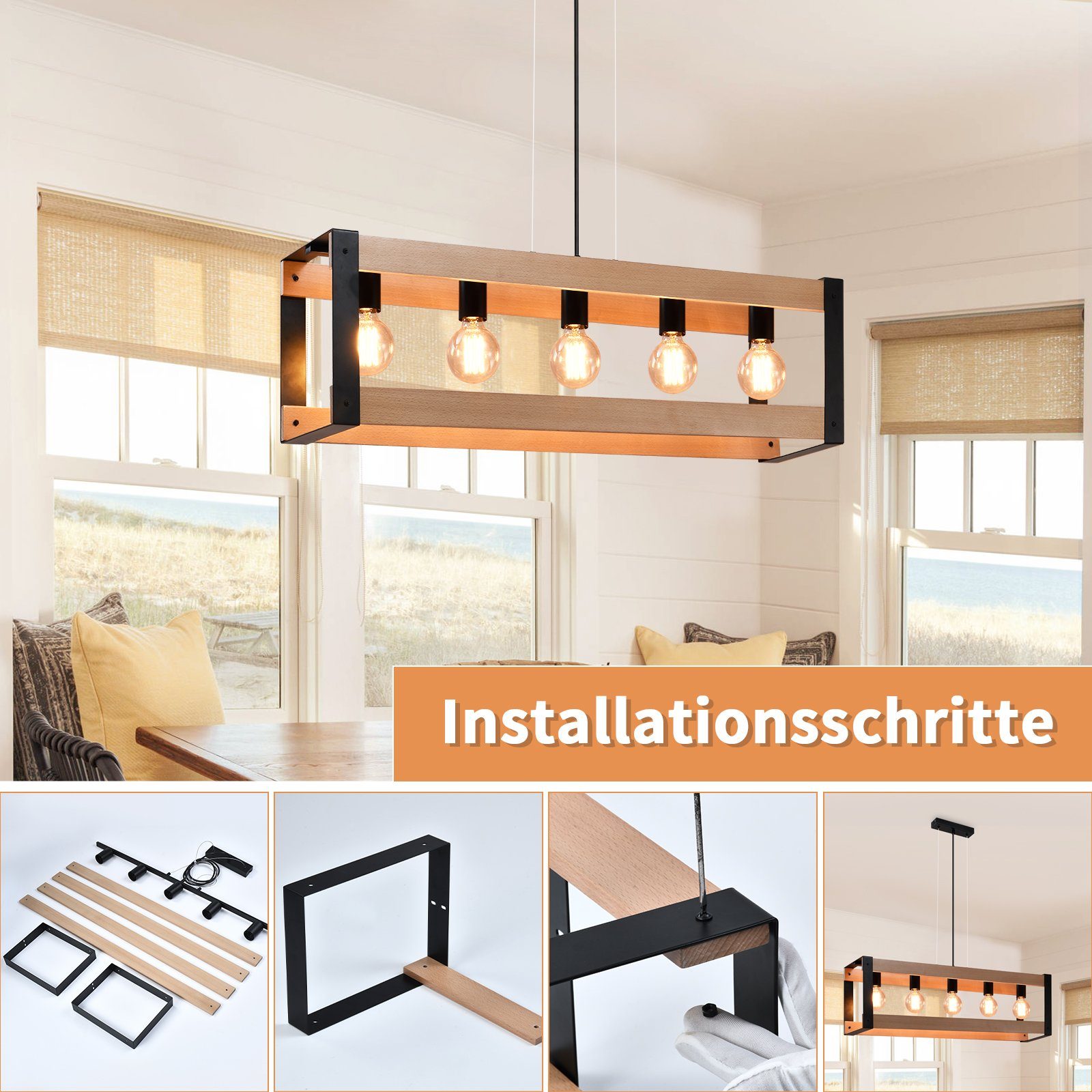 Lampada a sospensione ZMH 5 Luci in Legno ZMH Metallo Vintage Nero E27